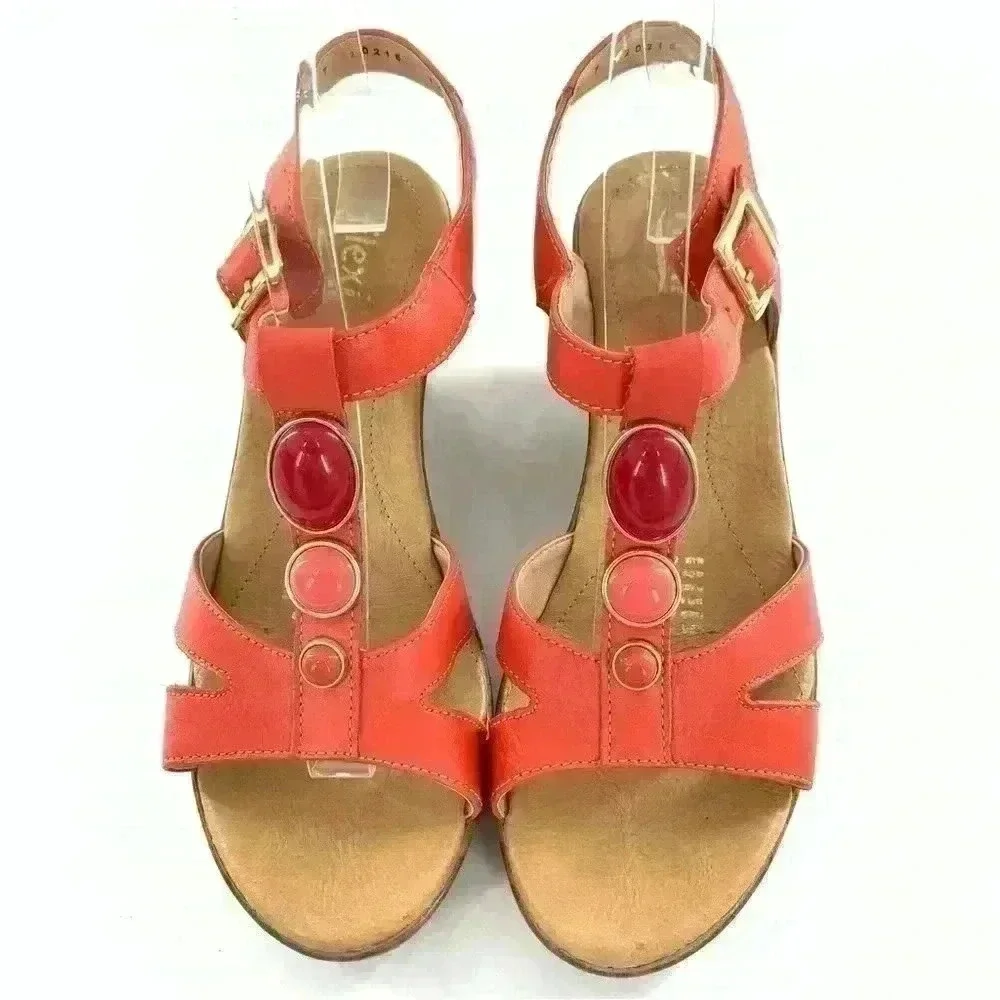 Flexi womens sandals size 7 coral leather t-strap gem wedges costal granny